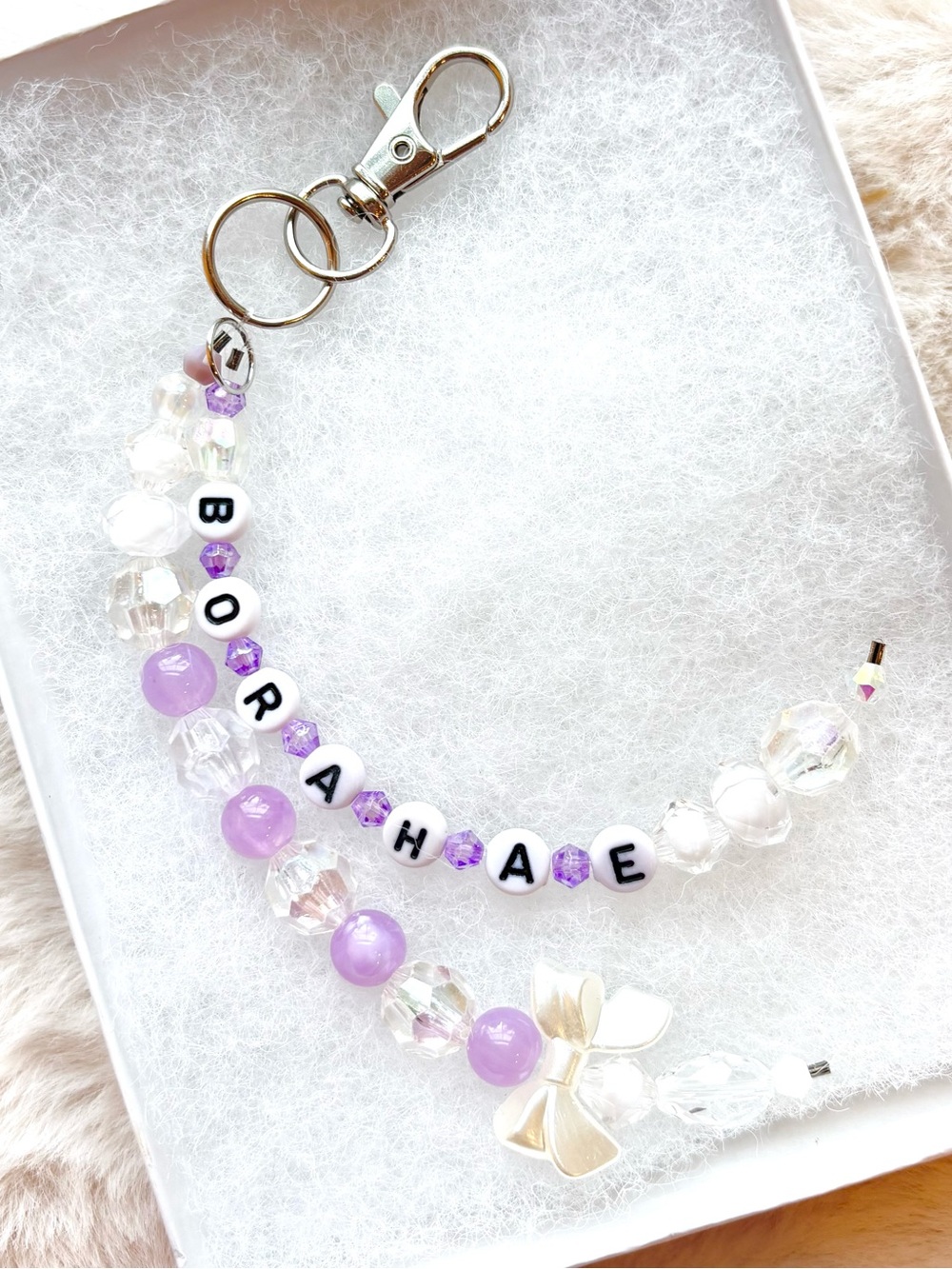 BTS BORAHAE PURPLE & WHITE BEADED SILVER KEYCHAIN